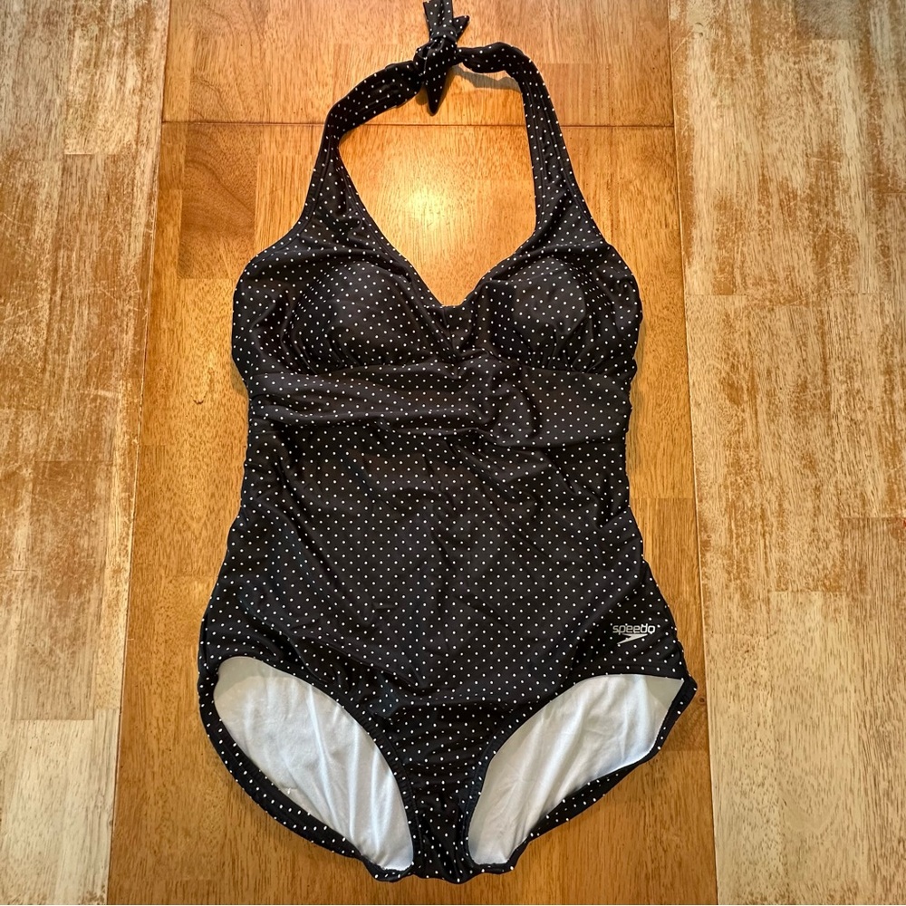 Speedo Black Polka Dot Halter One-Piece Swimsuit with White Dots